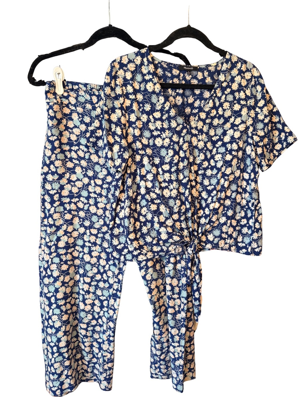 Madewell Daisy Print Matching Set | Navy | Size M | Cropped Pants + V-Neck Top